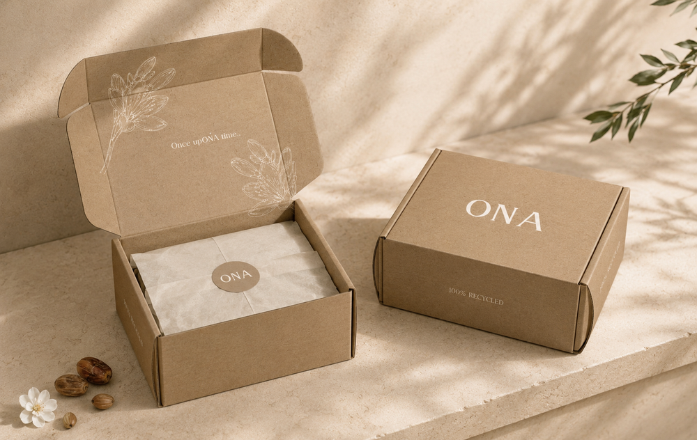 ONA shipping box with tissue paper and date seeds