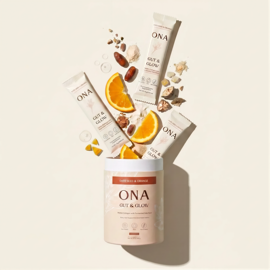 ONA Gut & Glow tube with stick packs, orange slices and date seeds